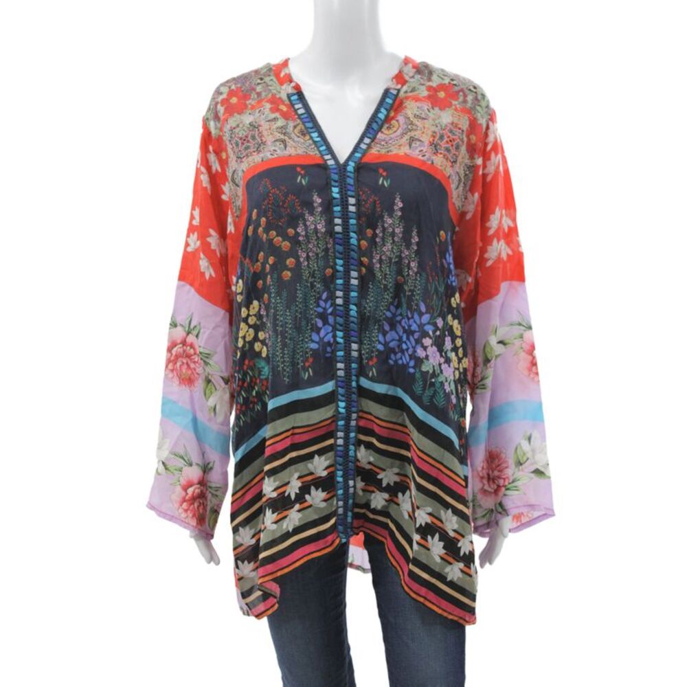Johnny Was Womens Tunic Boho Floral Multicolor V-Neck Long Sleeve Size XL